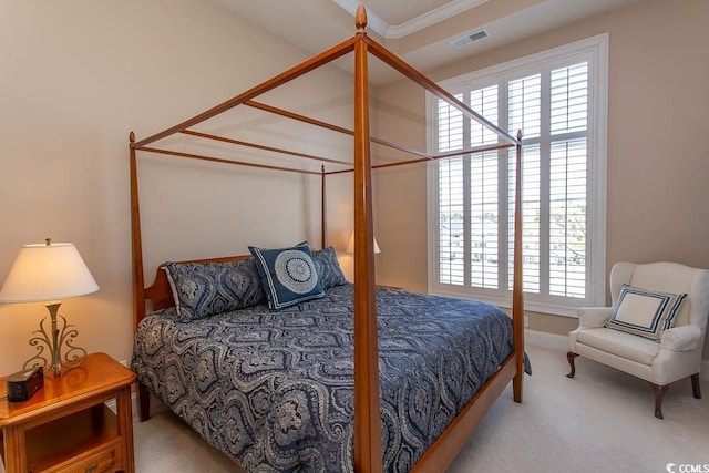 bedroom with light carpet