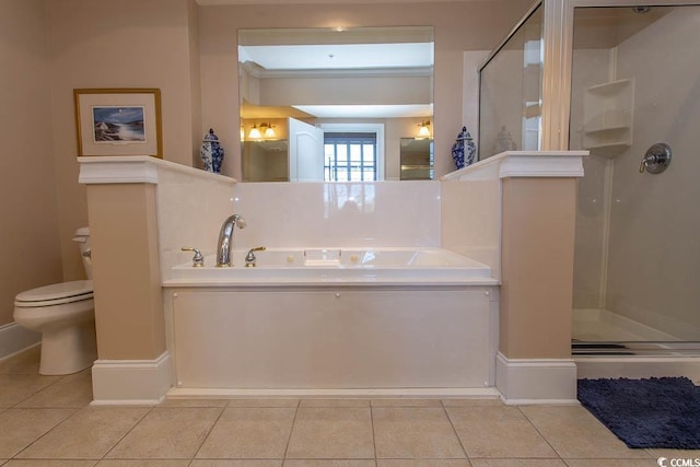 bathroom with toilet, plus walk in shower, and tile patterned flooring