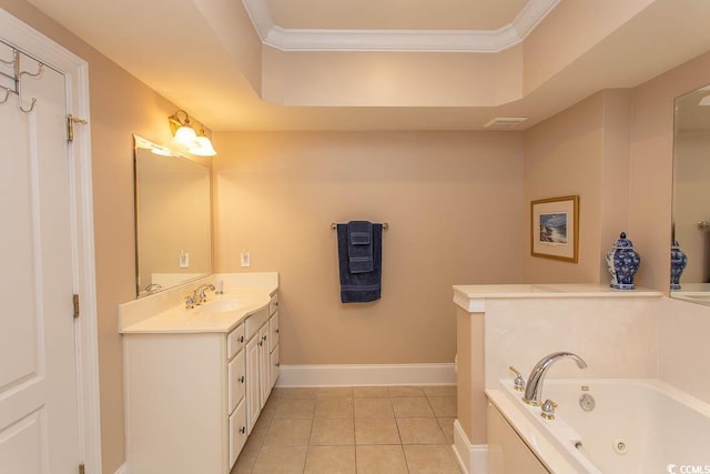 bathroom featuring crown molding, vanity, tile patterned flooring, and a bathtub