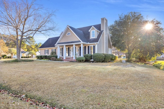 view of front of house with covered porch, a chimney, and a front lawn