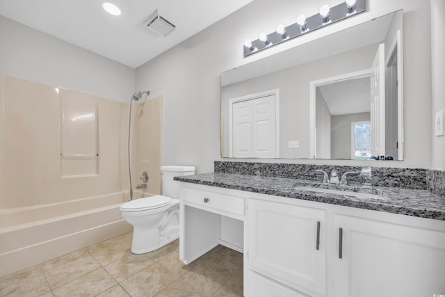 bathroom featuring tile patterned flooring, toilet, visible vents, vanity, and shower / bathing tub combination