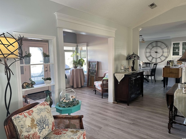 living room featuring vaulted ceiling and light hardwood / wood-style flooring