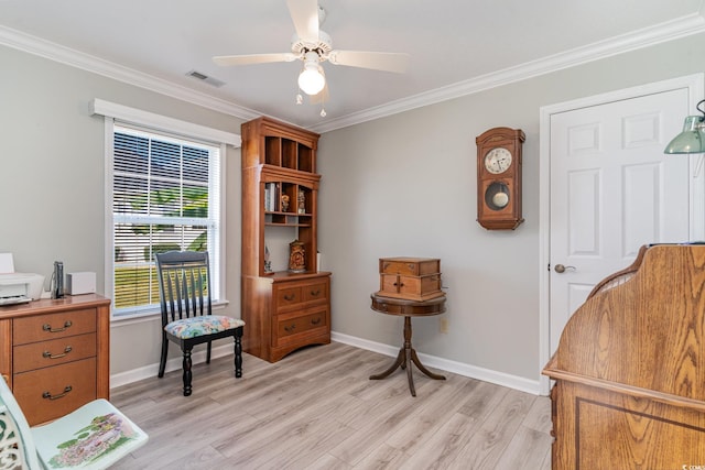 sitting room with crown molding, ceiling fan, and light hardwood / wood-style floors