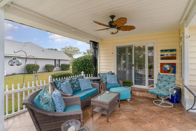 view of patio with ceiling fan and an outdoor hangout area