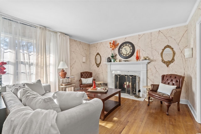 living room featuring crown molding and hardwood / wood-style flooring