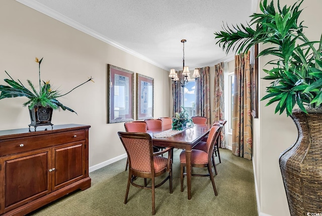 dining room featuring an inviting chandelier, crown molding, a textured ceiling, and dark colored carpet