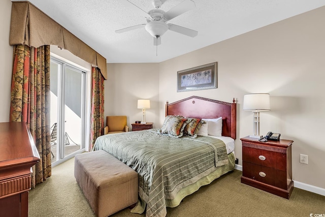 bedroom with ceiling fan, access to outside, light colored carpet, and a textured ceiling