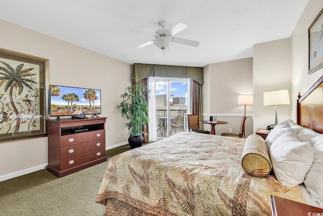 bedroom with access to exterior, ceiling fan, and dark colored carpet