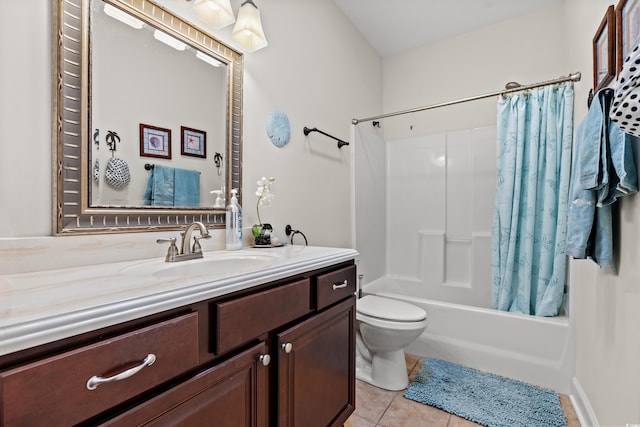 full bathroom with toilet, vanity, shower / bathtub combination with curtain, and tile patterned flooring