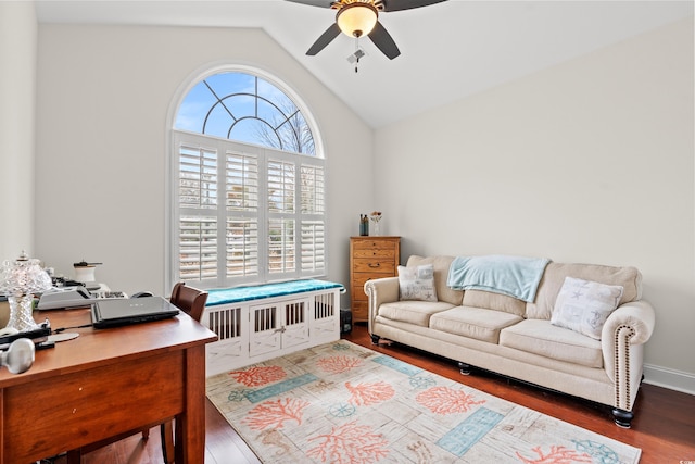 living room with lofted ceiling, dark wood-type flooring, and ceiling fan