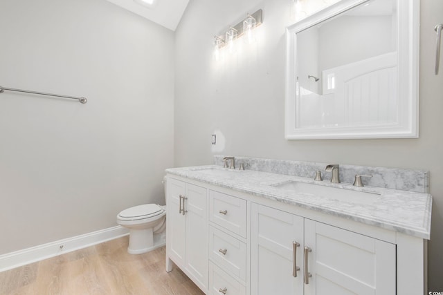 bathroom with hardwood / wood-style flooring, vanity, and toilet