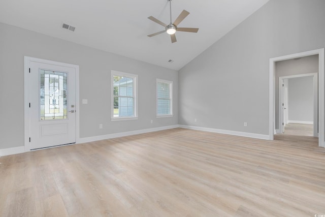 entryway featuring high vaulted ceiling, ceiling fan, and light hardwood / wood-style flooring