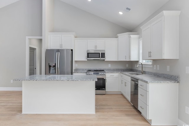 kitchen featuring a kitchen island, appliances with stainless steel finishes, sink, and white cabinets