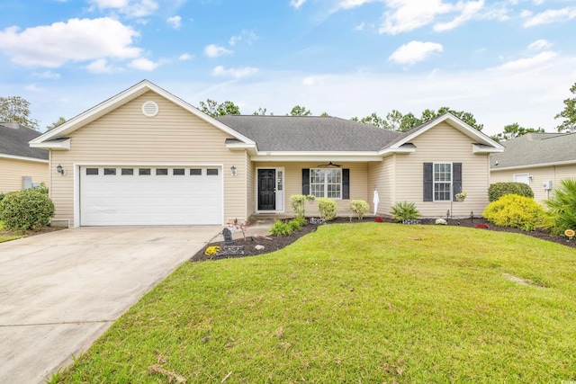 ranch-style house featuring a garage and a front yard