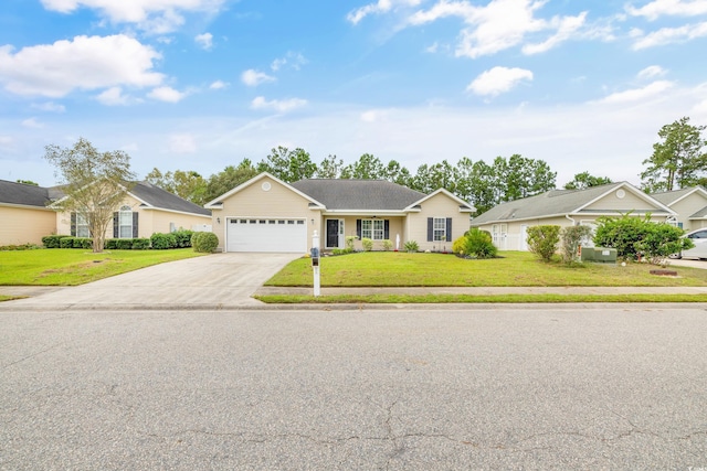 ranch-style home featuring a garage and a front lawn