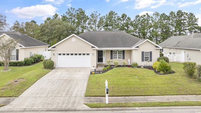 ranch-style house featuring a garage and a front yard