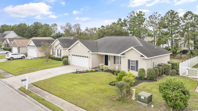 single story home with a garage and a front yard