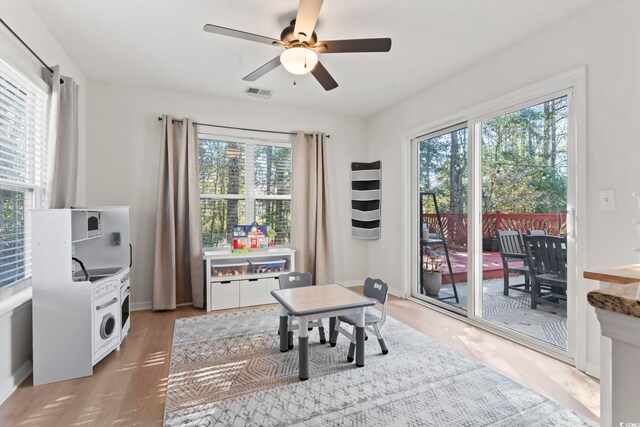 living area with ceiling fan, plenty of natural light, and light hardwood / wood-style flooring