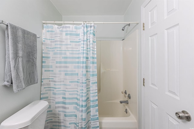 full bathroom with shower / bathtub combination with curtain and toilet