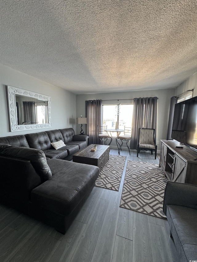 living room with hardwood / wood-style floors and a textured ceiling