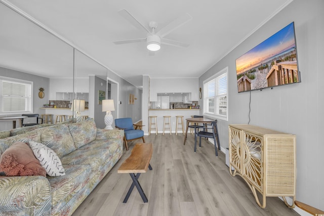 living room featuring ceiling fan, ornamental molding, and light wood-type flooring