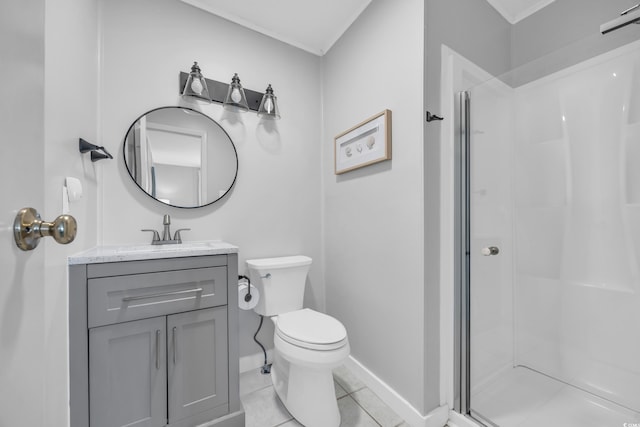 bathroom with vanity, toilet, an enclosed shower, and tile patterned flooring