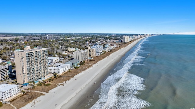 bird's eye view featuring a beach view and a water view