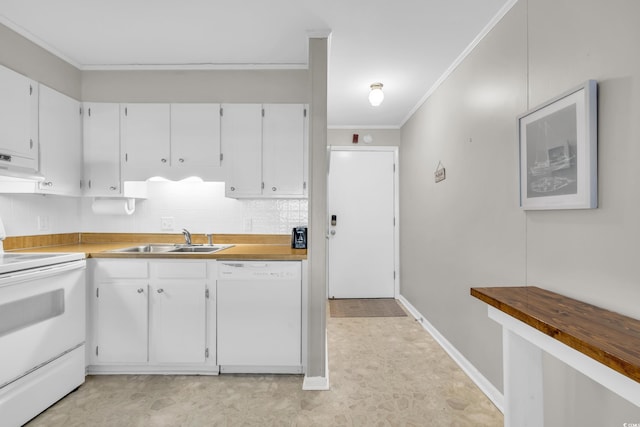 kitchen featuring white cabinetry, white appliances, wood counters, and extractor fan