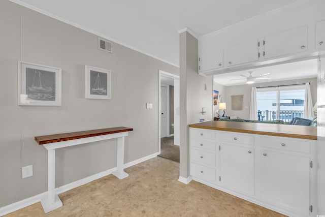 kitchen with ceiling fan, ornamental molding, and white cabinets