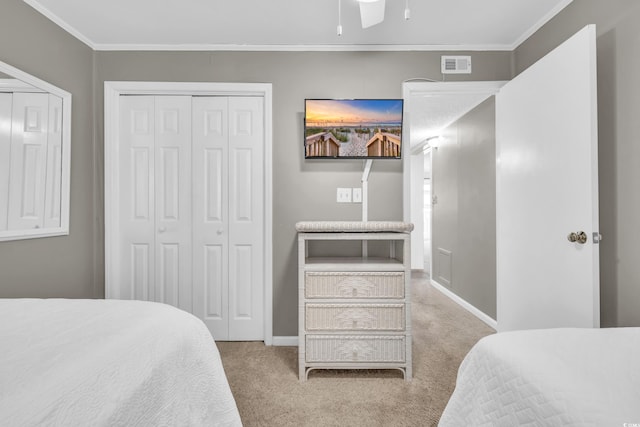 carpeted bedroom featuring ornamental molding