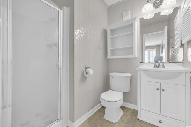 bathroom with vanity, toilet, an enclosed shower, and tile walls