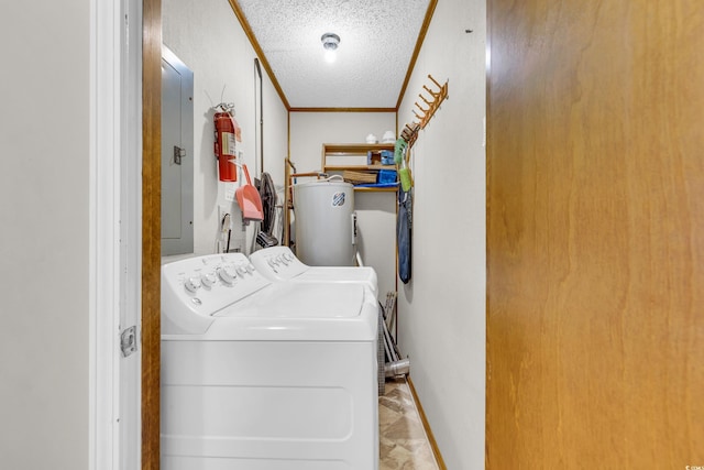 laundry area featuring washer and dryer, water heater, electric panel, crown molding, and a textured ceiling