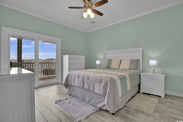 4200 Coquina Harbour Dr Unit H3, Little River, SC 29566 - bedroom featuring access to exterior, crown molding, light wood-style floors, and a ceiling fan