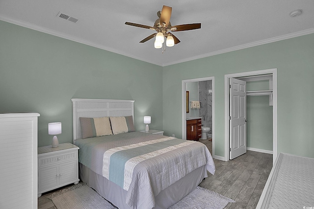 4200 Coquina Harbour Dr Unit H3, Little River, SC 29566 - bedroom featuring wood finished floors, ornamental molding, ensuite bath, and a ceiling fan
