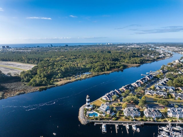 drone / aerial view featuring a water view