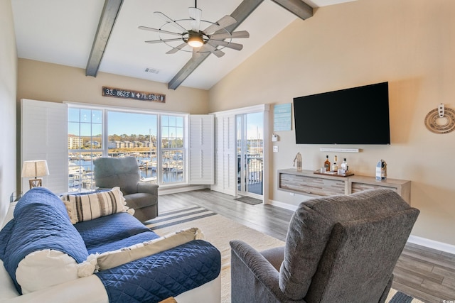 4609 Lightkeepers Way Unit 11J, Little River, SC 29566 - living area featuring beamed ceiling, visible vents, ceiling fan, baseboards, and wood finished floors