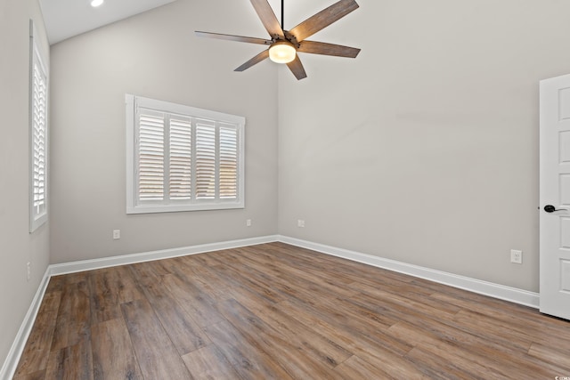 empty room featuring ceiling fan, wood finished floors, and baseboards