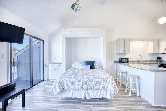 bedroom with vaulted ceiling, sink, access to exterior, light hardwood / wood-style floors, and a textured ceiling