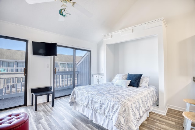 bedroom with lofted ceiling, access to exterior, light hardwood / wood-style floors, and ceiling fan