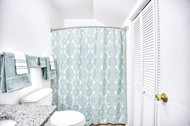 bathroom featuring vanity, toilet, and curtained shower