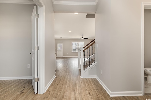 hall featuring ornamental molding and light hardwood / wood-style floors