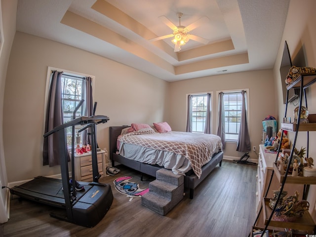 bedroom with ceiling fan, a tray ceiling, and dark hardwood / wood-style flooring