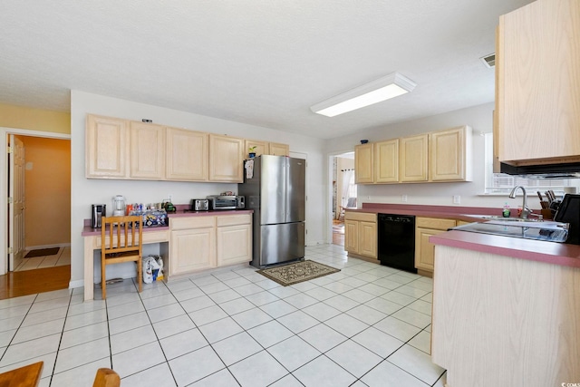 kitchen featuring stainless steel fridge, light tile patterned flooring, dishwasher, and light brown cabinets