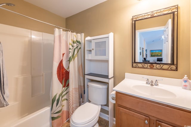 full bathroom with vanity, shower / bathtub combination with curtain, and toilet