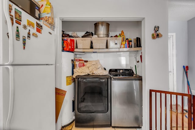 laundry room featuring separate washer and dryer, water heater, and a textured ceiling