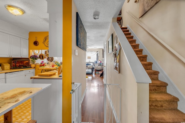 staircase featuring wood-type flooring and a textured ceiling