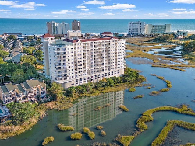 aerial view featuring a water view