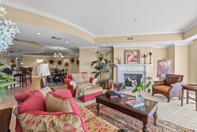 tiled living room with ornamental molding and an inviting chandelier