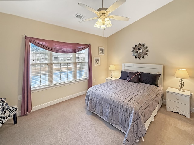 bedroom with carpet floors, baseboards, a ceiling fan, and visible vents