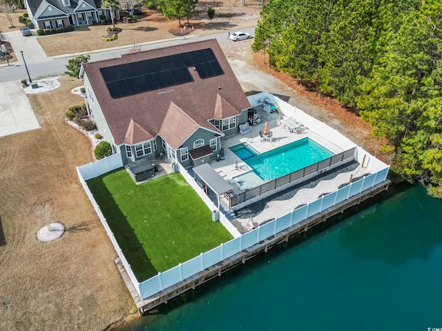 drone / aerial view featuring a water view